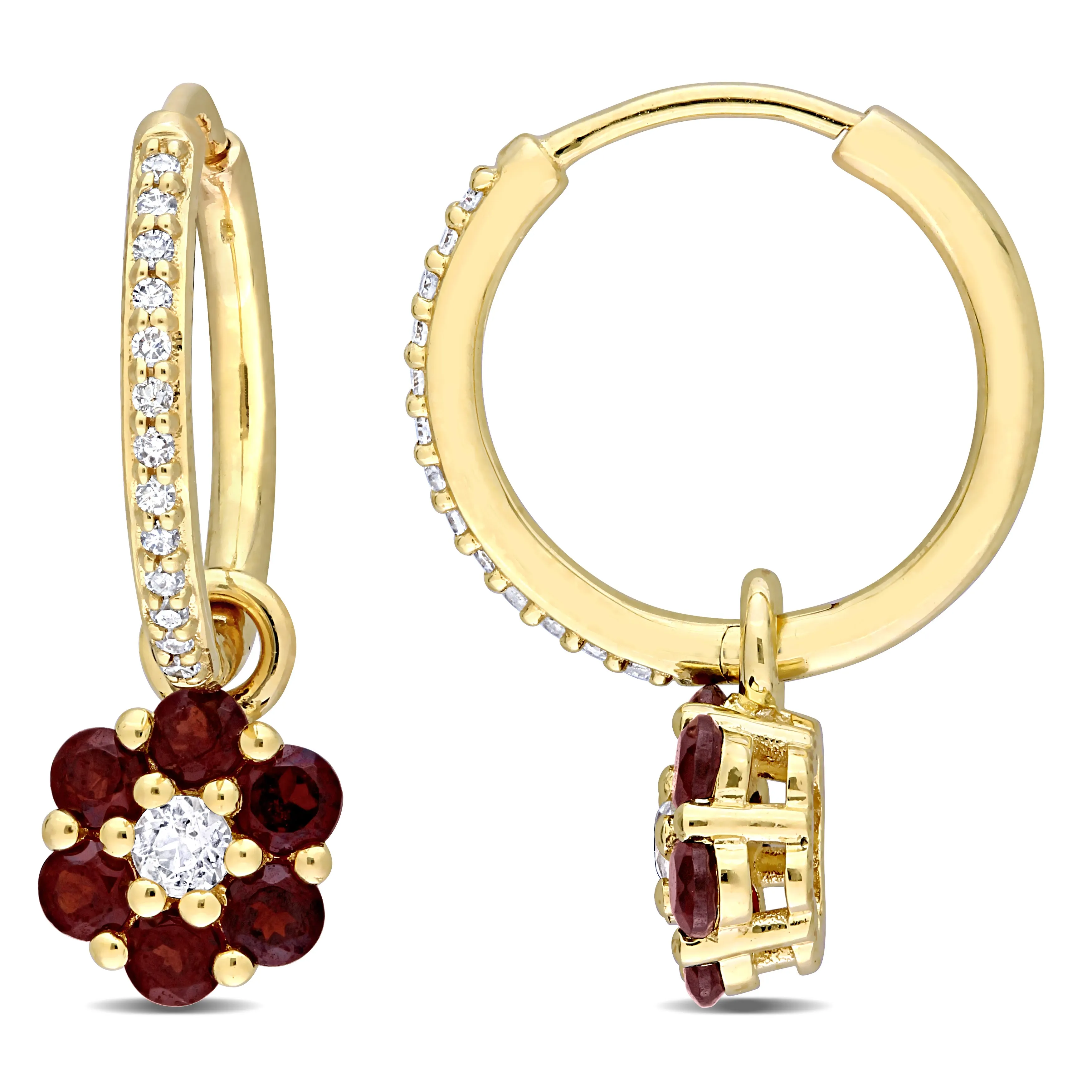 1 1/4 CT TGW White Topaz Garnet and 1/8 CT TW Diamond Floral Hoop Earrings in 10k Yellow Gold