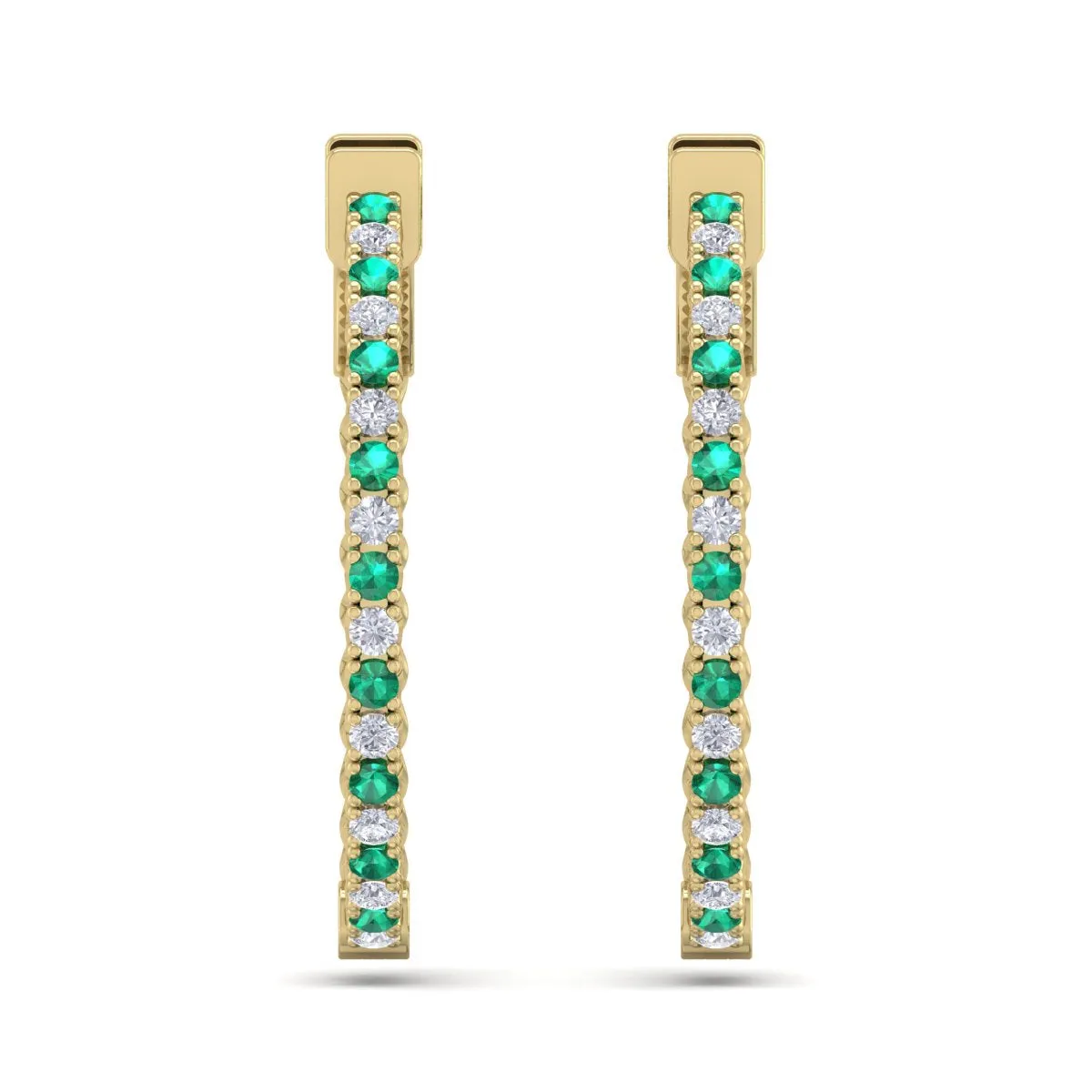 1 Carat Emerald And Diamond Hoop Earrings In 14 Karat Yellow Gold, 3/4 Inch