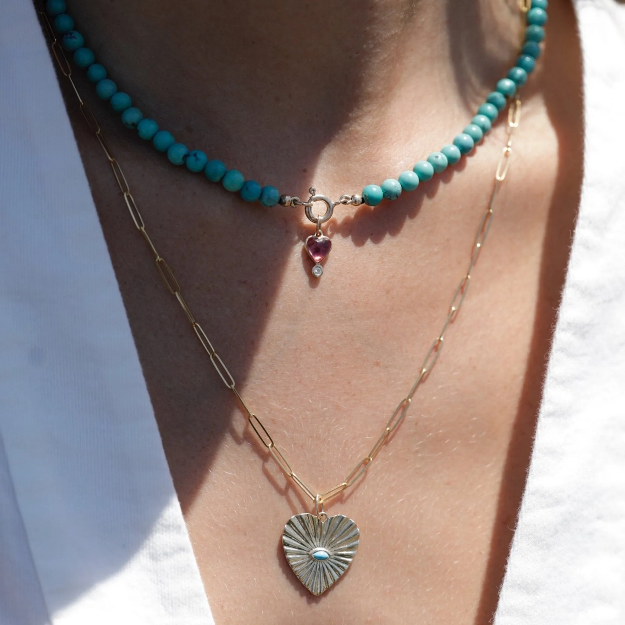 10K Gold Large Textured Heart Pendant with Turquoise