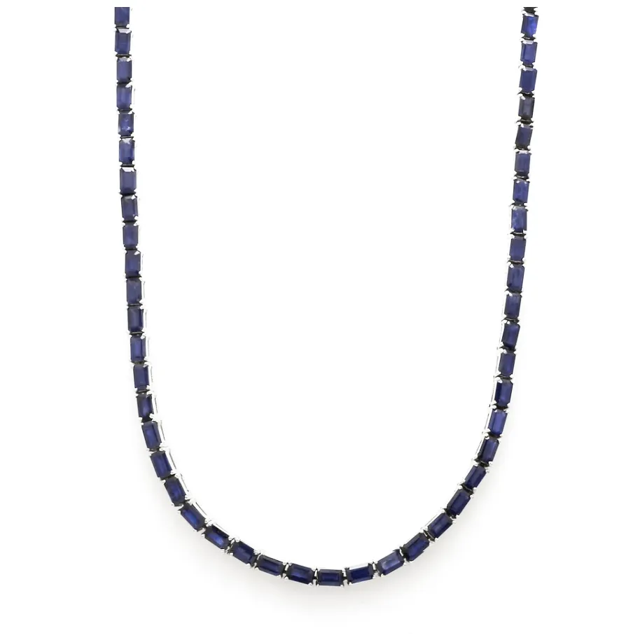 14K & 18K Gold East West Emerald Cut Blue Sapphire Necklace