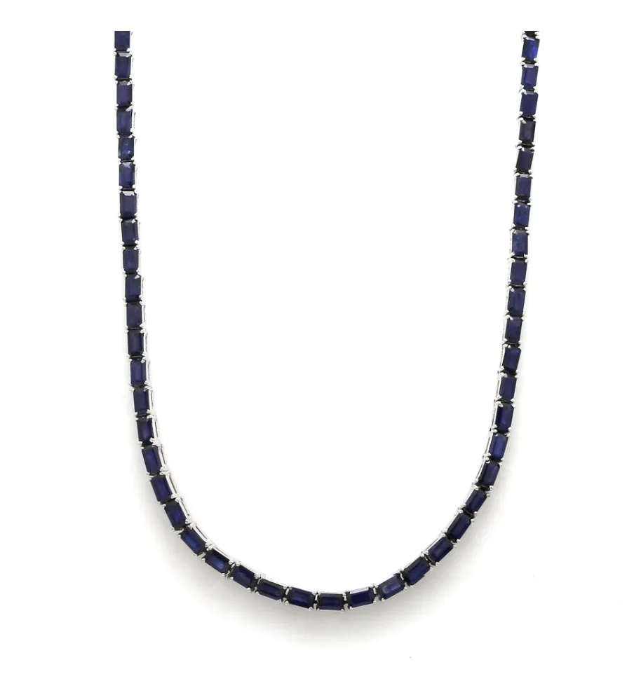 14K & 18K Gold East West Emerald Cut Blue Sapphire Necklace