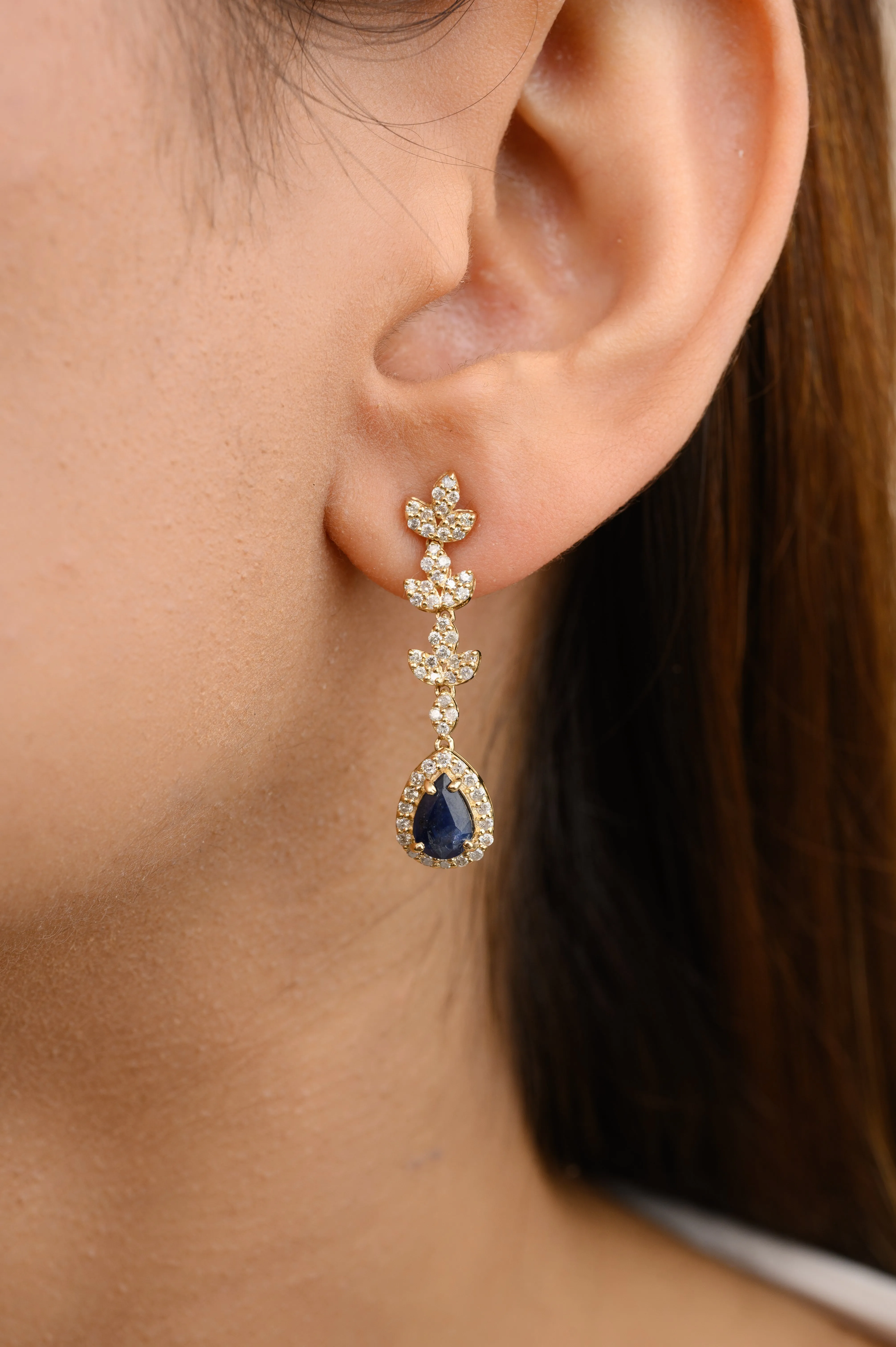 14K Gold Blue Sapphire Diamond Dangle Earrings