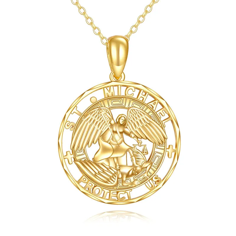 14K Real Gold Patron Saint Necklace Religious Protection Pendant 14K Solid Gold Jewelry Gifts for Men Women