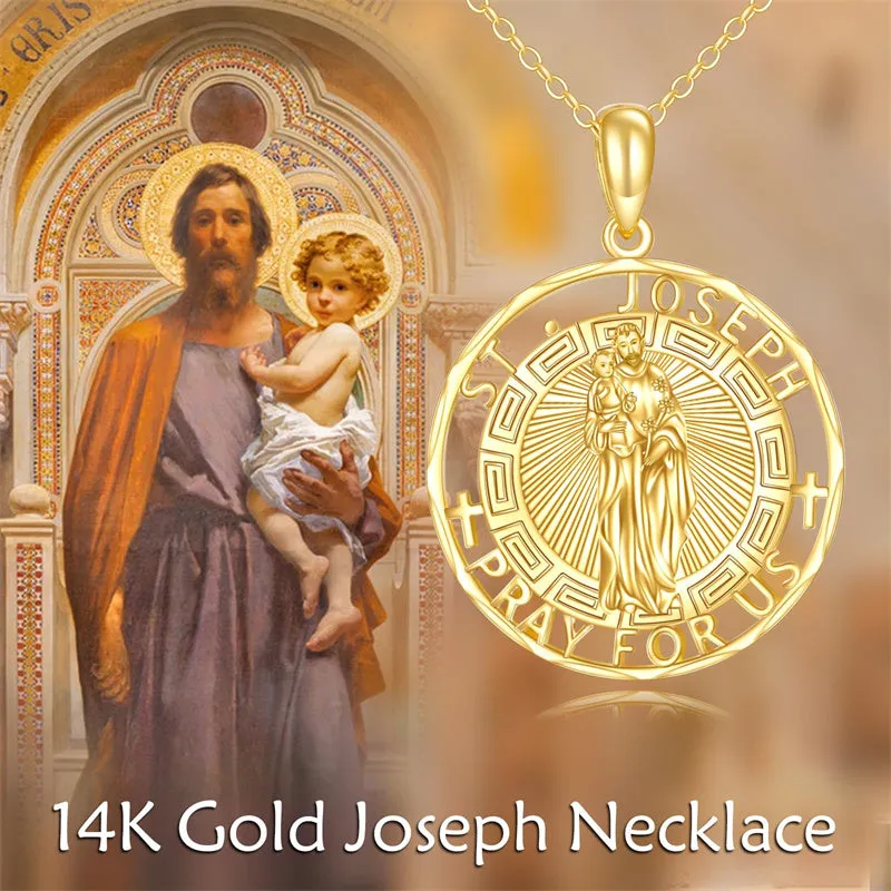 14K Real Gold Patron Saint Necklace Religious Protection Pendant 14K Solid Gold Jewelry Gifts for Men Women