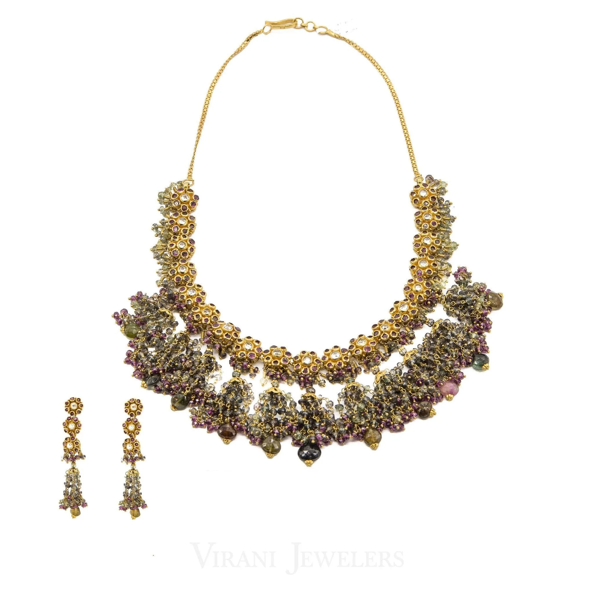 22K Yellow Gold Necklace and Earrings Set W/ Kundan & Floral Chandelier Design