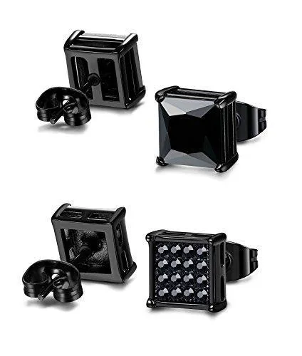 4 Pairs Stainless Steel Men Women Stud Earrings Square Cubic Zirconia Piercing 20G 6-8mm