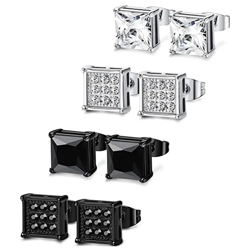 4 Pairs Stainless Steel Men Women Stud Earrings Square Cubic Zirconia Piercing 20G 6-8mm