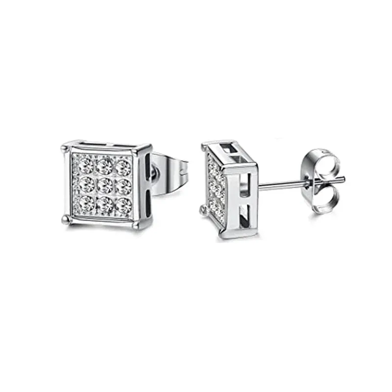 4 Pairs Stainless Steel Men Women Stud Earrings Square Cubic Zirconia Piercing 20G 6-8mm