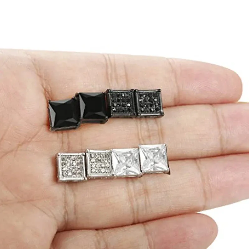 4 Pairs Stainless Steel Men Women Stud Earrings Square Cubic Zirconia Piercing 20G 6-8mm