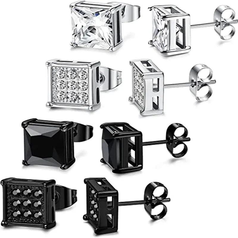 4 Pairs Stainless Steel Men Women Stud Earrings Square Cubic Zirconia Piercing 20G 6-8mm