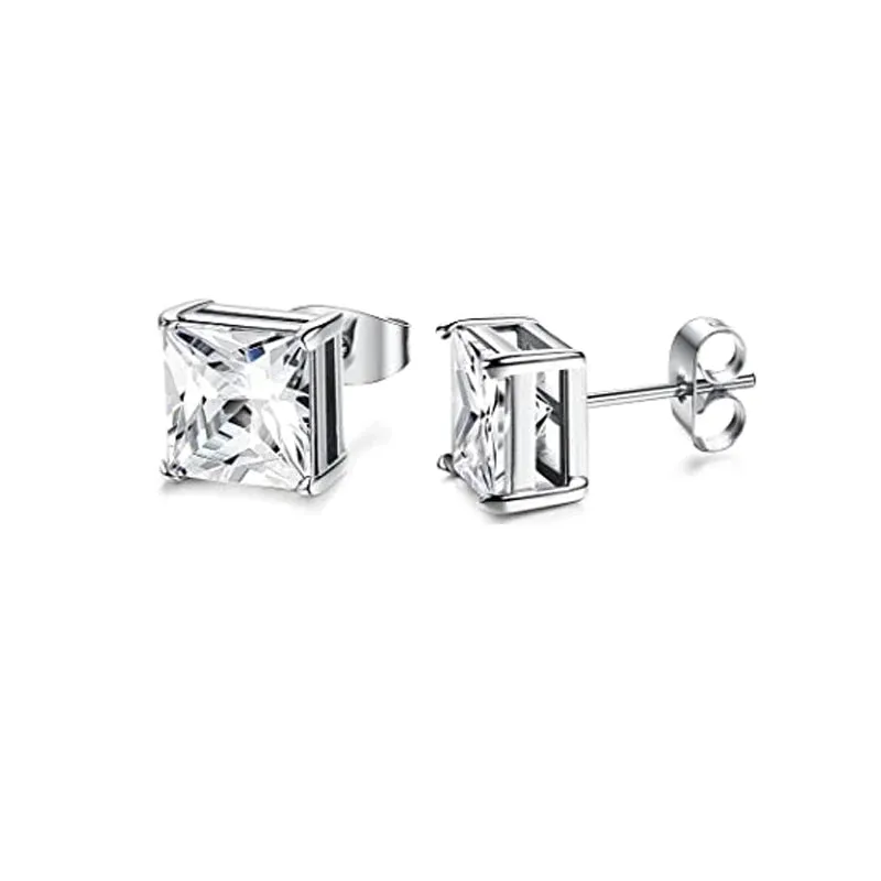 4 Pairs Stainless Steel Men Women Stud Earrings Square Cubic Zirconia Piercing 20G 6-8mm