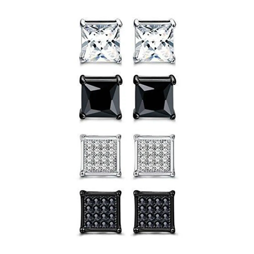 4 Pairs Stainless Steel Men Women Stud Earrings Square Cubic Zirconia Piercing 20G 6-8mm