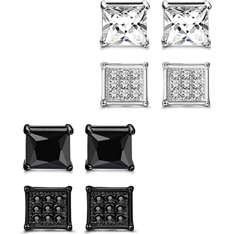 4 Pairs Stainless Steel Men Women Stud Earrings Square Cubic Zirconia Piercing 20G 6-8mm