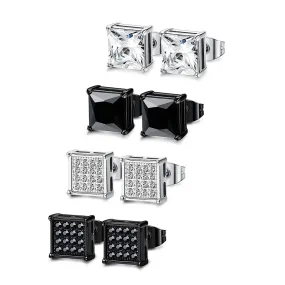 4 Pairs Stainless Steel Men Women Stud Earrings Square Cubic Zirconia Piercing 20G 6-8mm