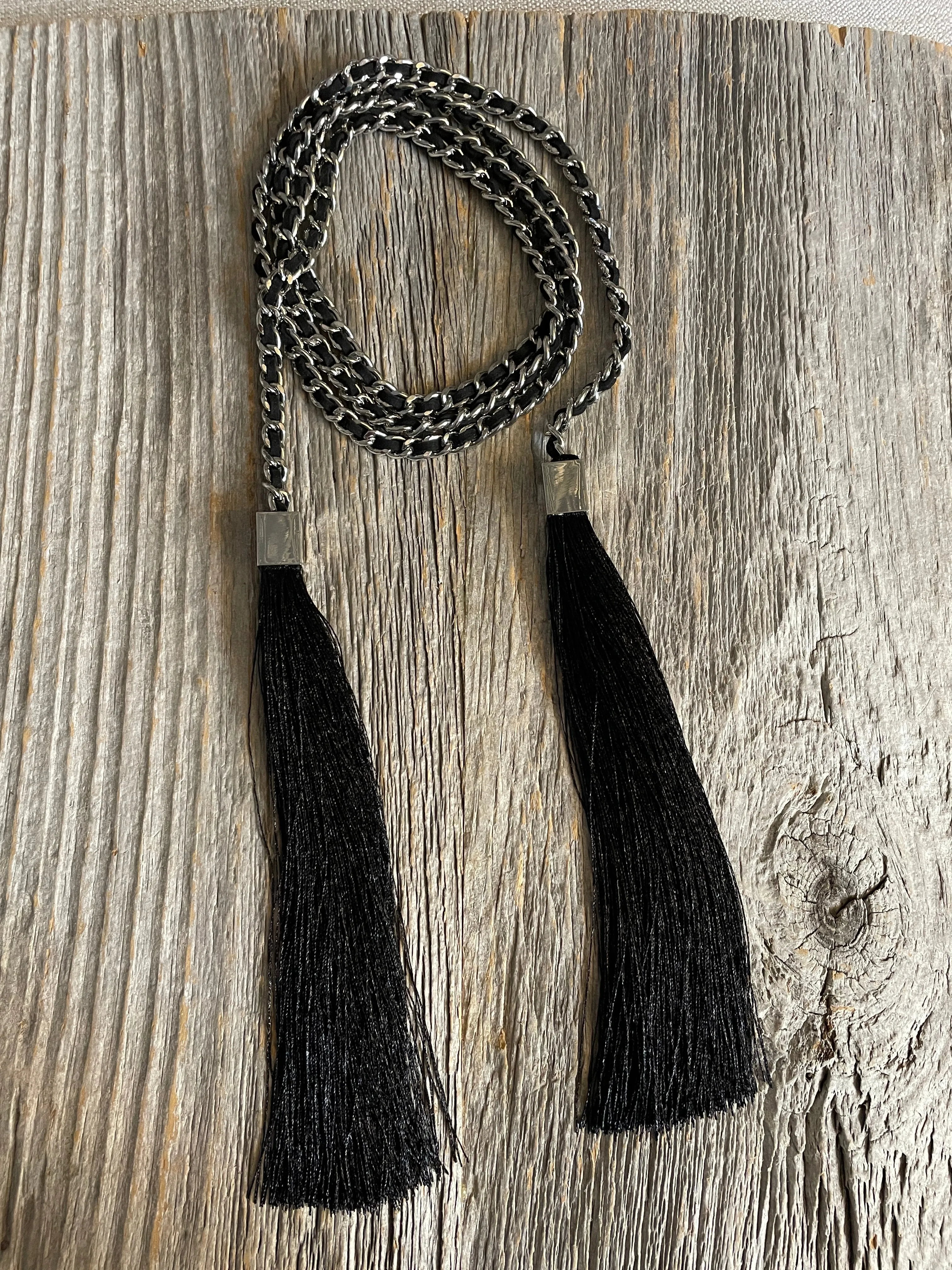 50" Black and Silver small chain belt with tassel