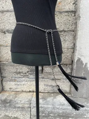 50" Black and Silver small chain belt with tassel