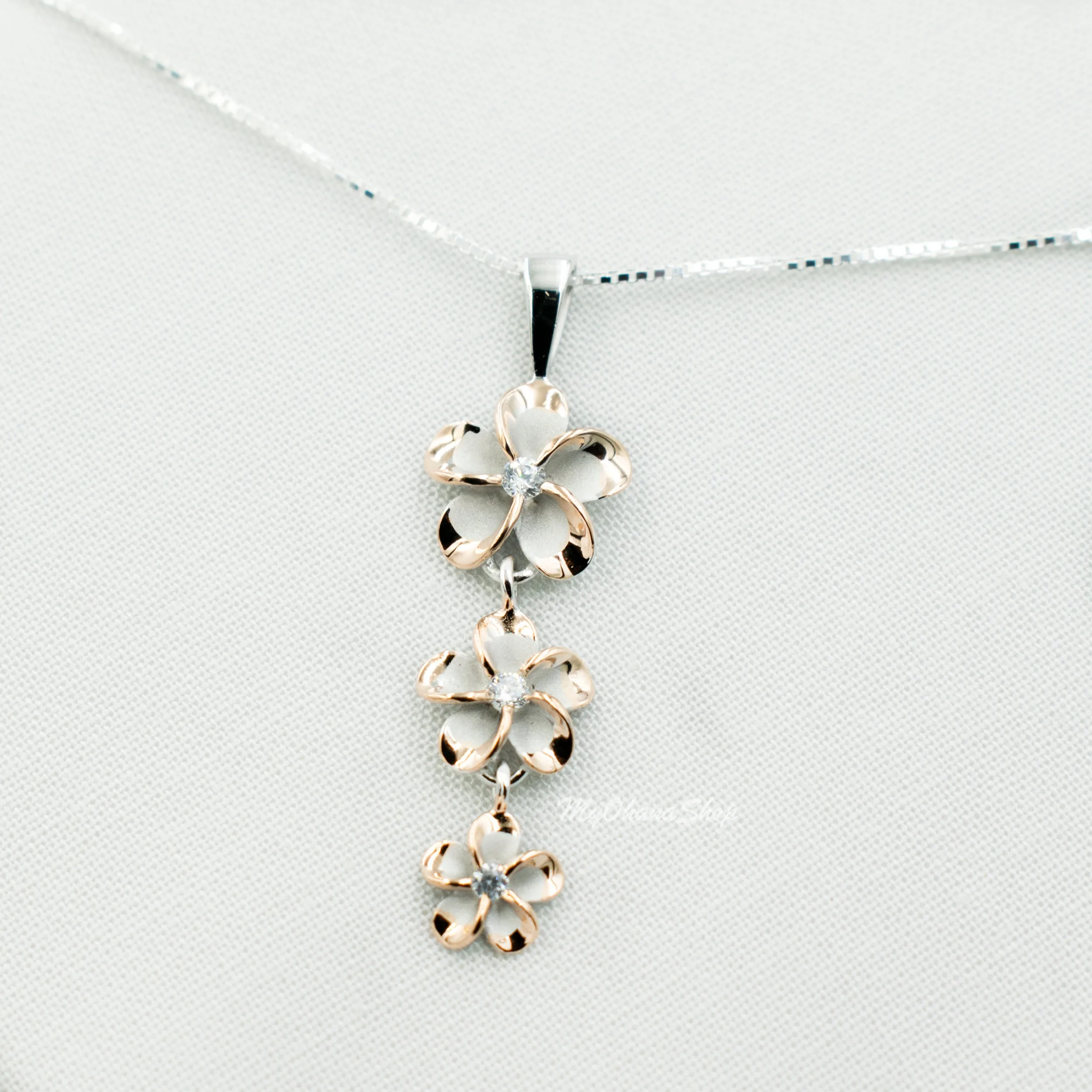 925 Sterling Silver Plumeria Necklace For Women.  Vertical, Gradual Size 8, 10, 12mm Flowers, Tropical Island Hawaiian Style Necklace.