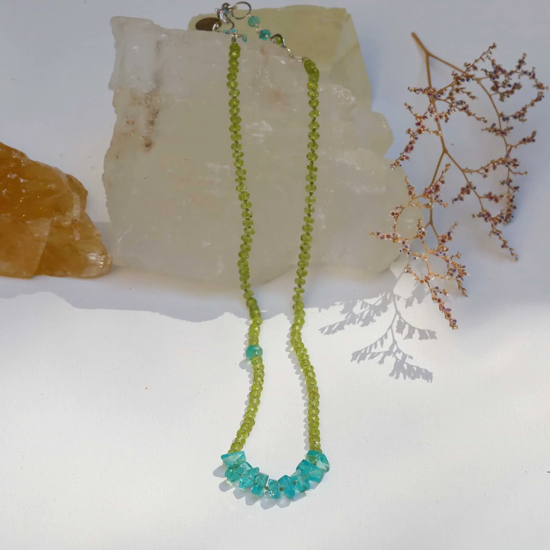 Alonnisos - Peridot and Apatite Nugget Silk Knotted Necklace