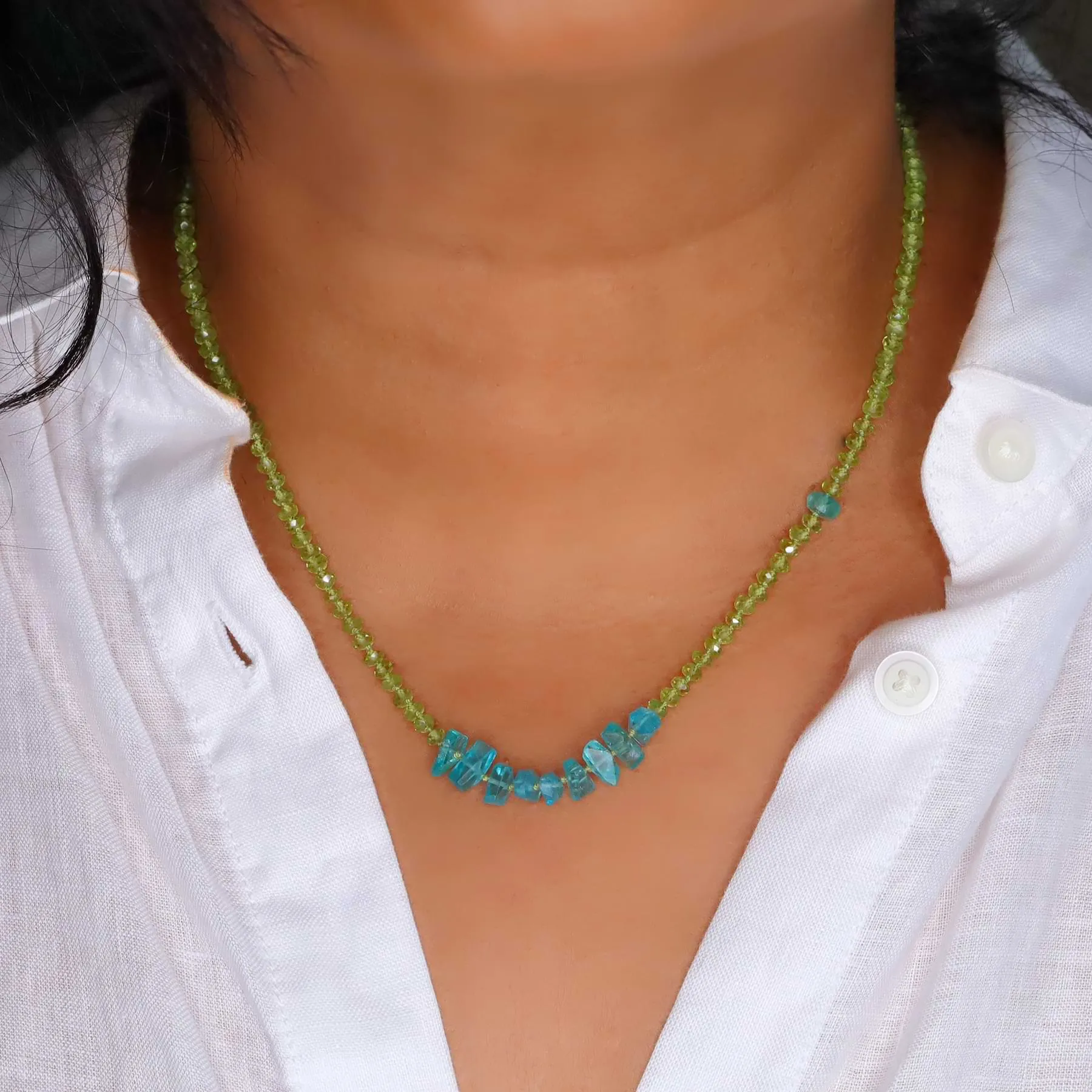 Alonnisos - Peridot and Apatite Nugget Silk Knotted Necklace