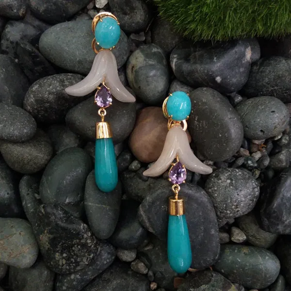 Amazonite Stud with White Jade,Amethyst & Amazonite Long Drop Twinset Earrings