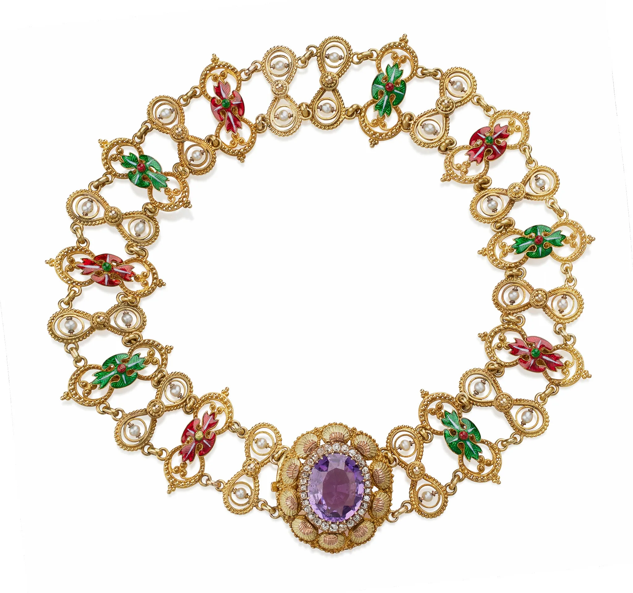 Amethyst and Basse-Taille Enamel Gold Plaque Necklace