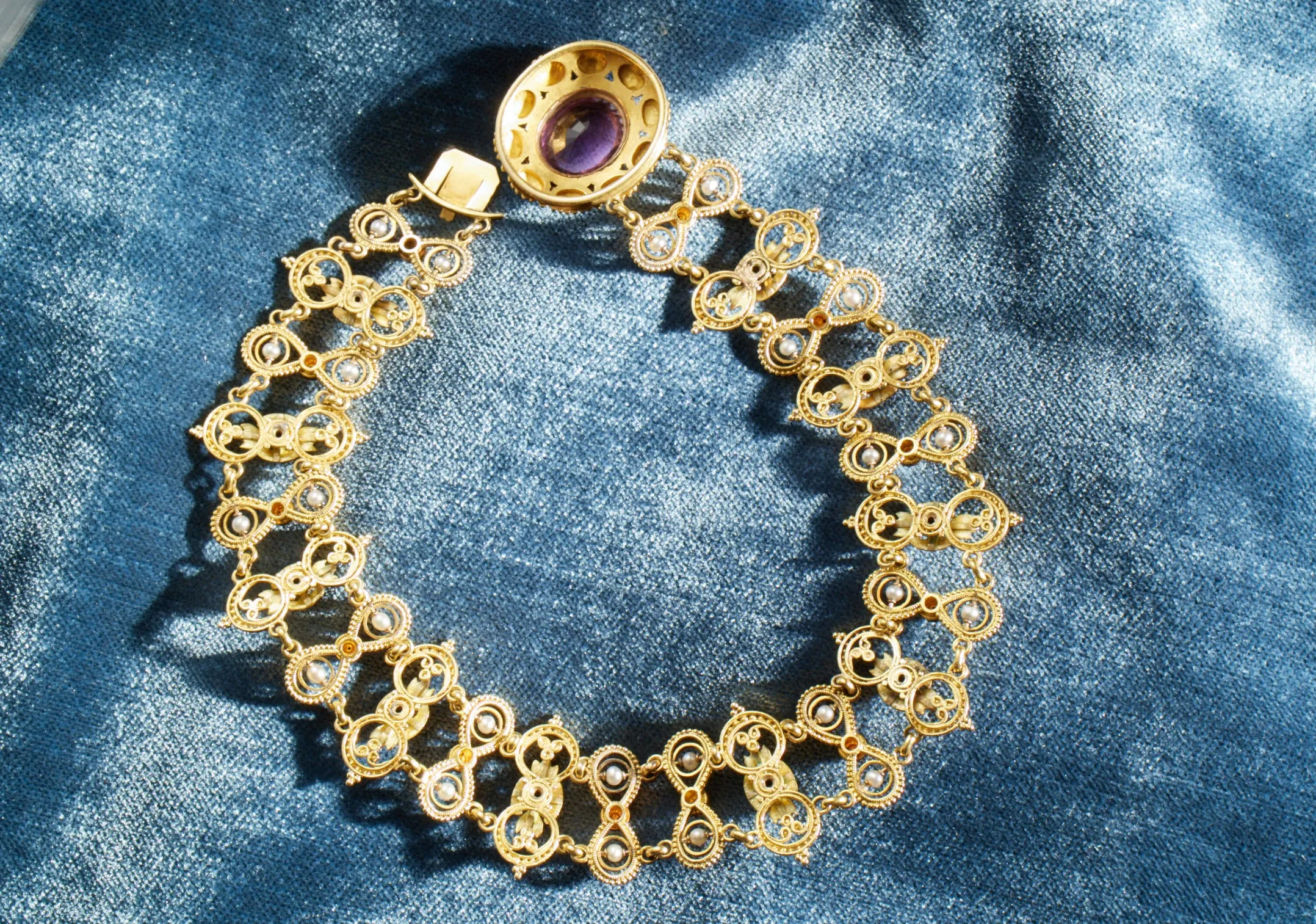 Amethyst and Basse-Taille Enamel Gold Plaque Necklace