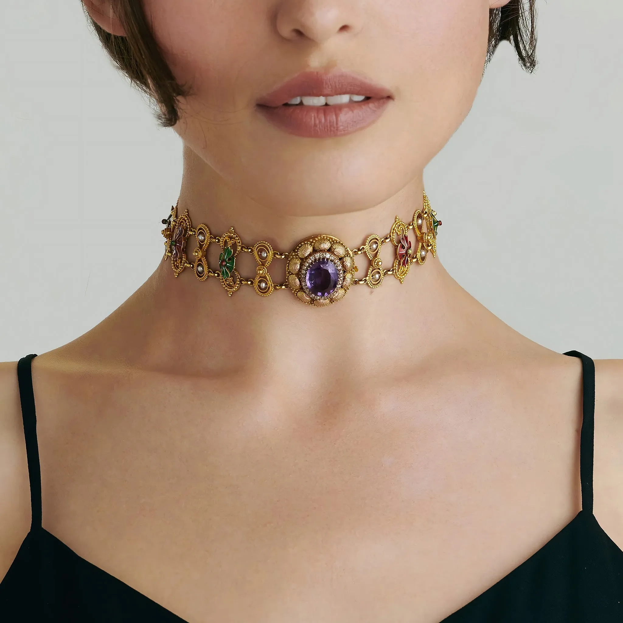 Amethyst and Basse-Taille Enamel Gold Plaque Necklace