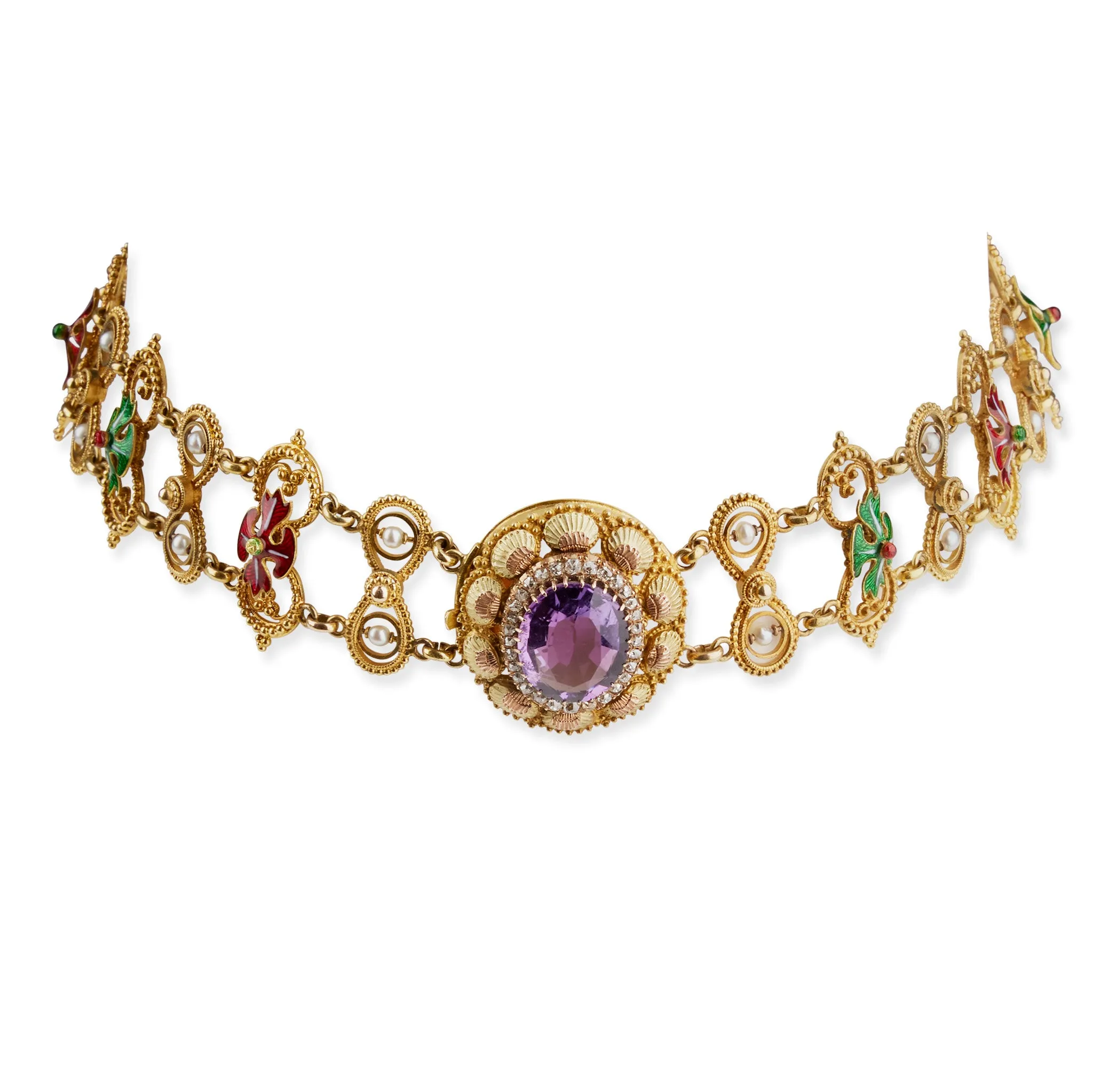 Amethyst and Basse-Taille Enamel Gold Plaque Necklace