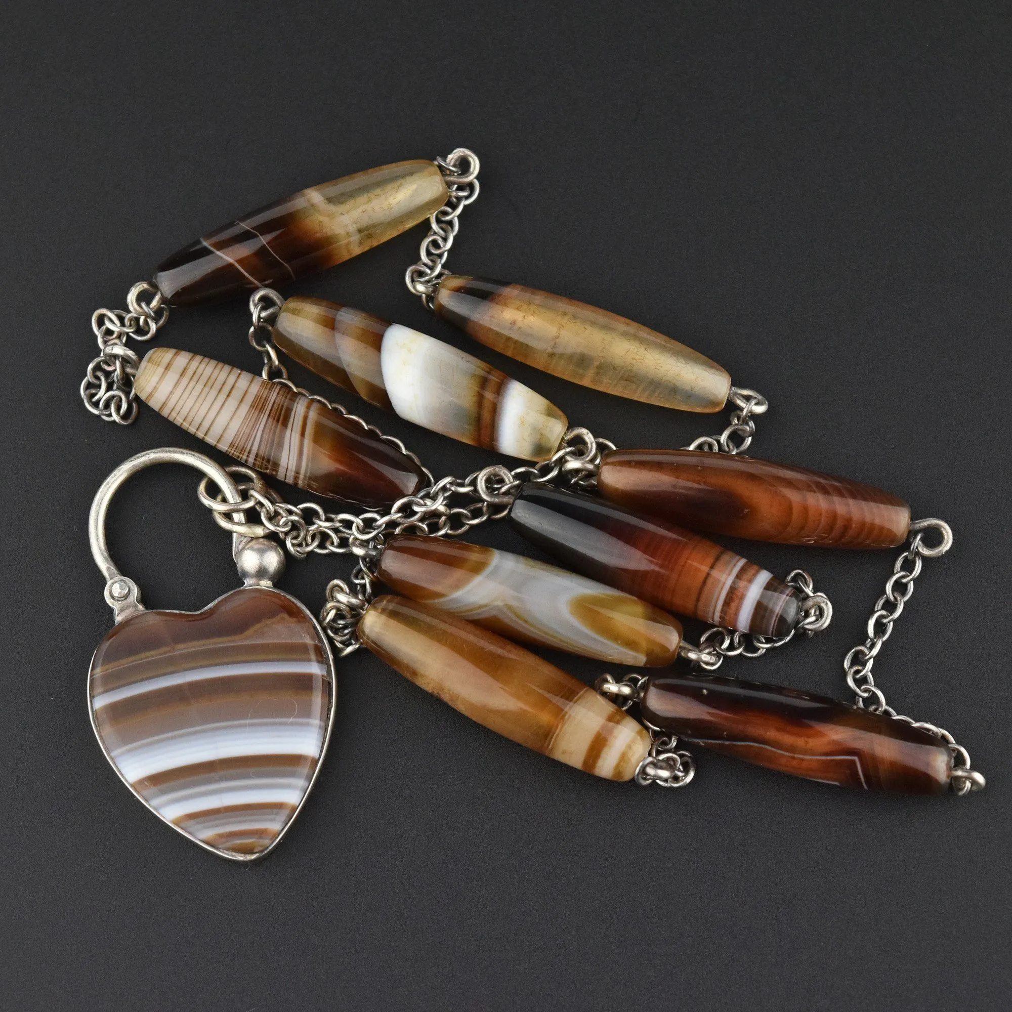 Antique Scottish Banded Agate Heart Padlock Necklace