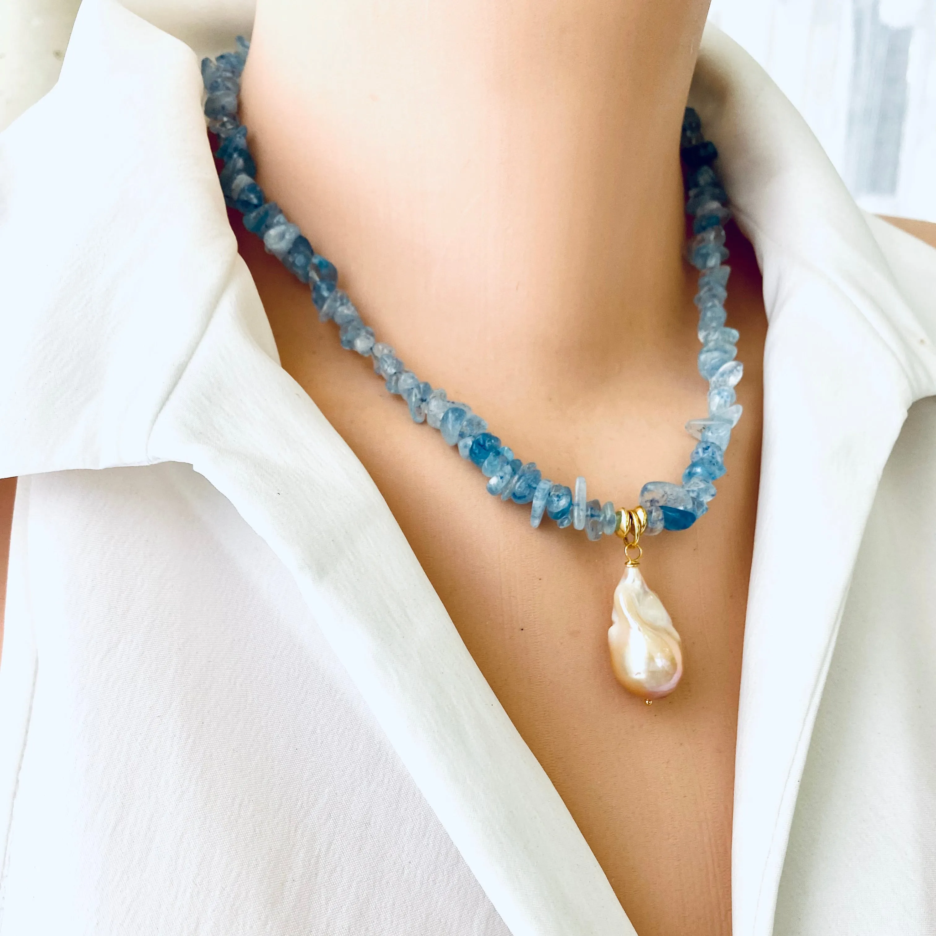 Aquamarine Necklace With Golden Pink Baroque Pearl Pendant, March Birthstone, 18inches