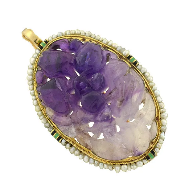 Art Deco 14kt Carved Amethyst, Pearl & Enamel Pin/Pendant