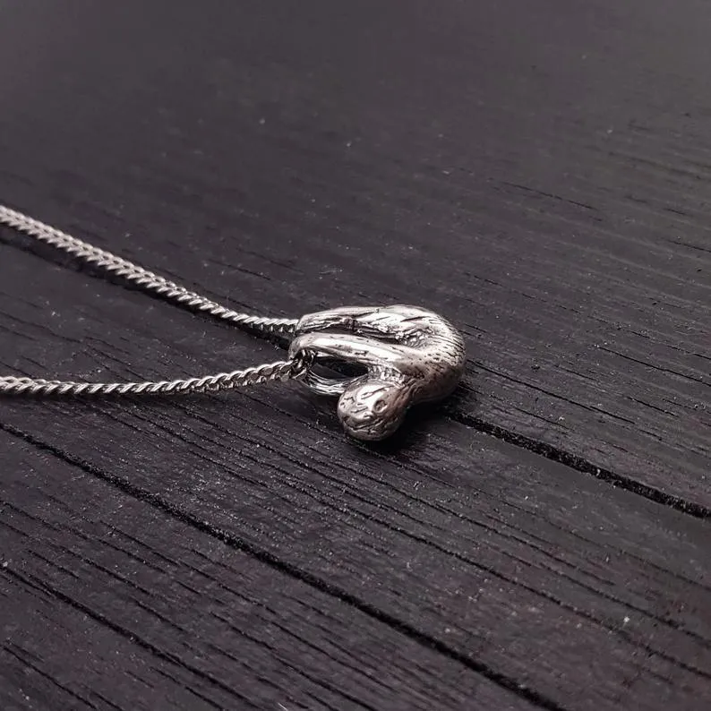 Baby Sloth Charm Pendant Necklace Solid Cast 925 Sterling Silver Three Dimensional Polished Oxidized Finish