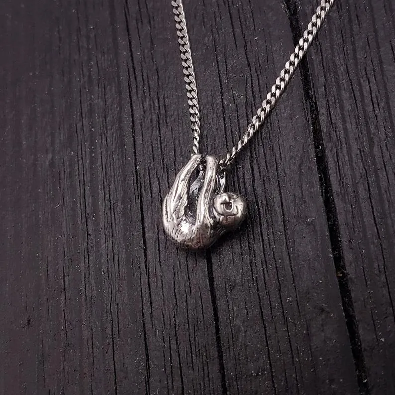 Baby Sloth Charm Pendant Necklace Solid Cast 925 Sterling Silver Three Dimensional Polished Oxidized Finish