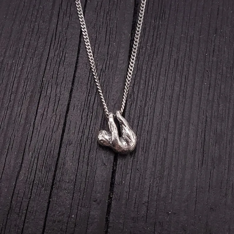 Baby Sloth Charm Pendant Necklace Solid Cast 925 Sterling Silver Three Dimensional Polished Oxidized Finish