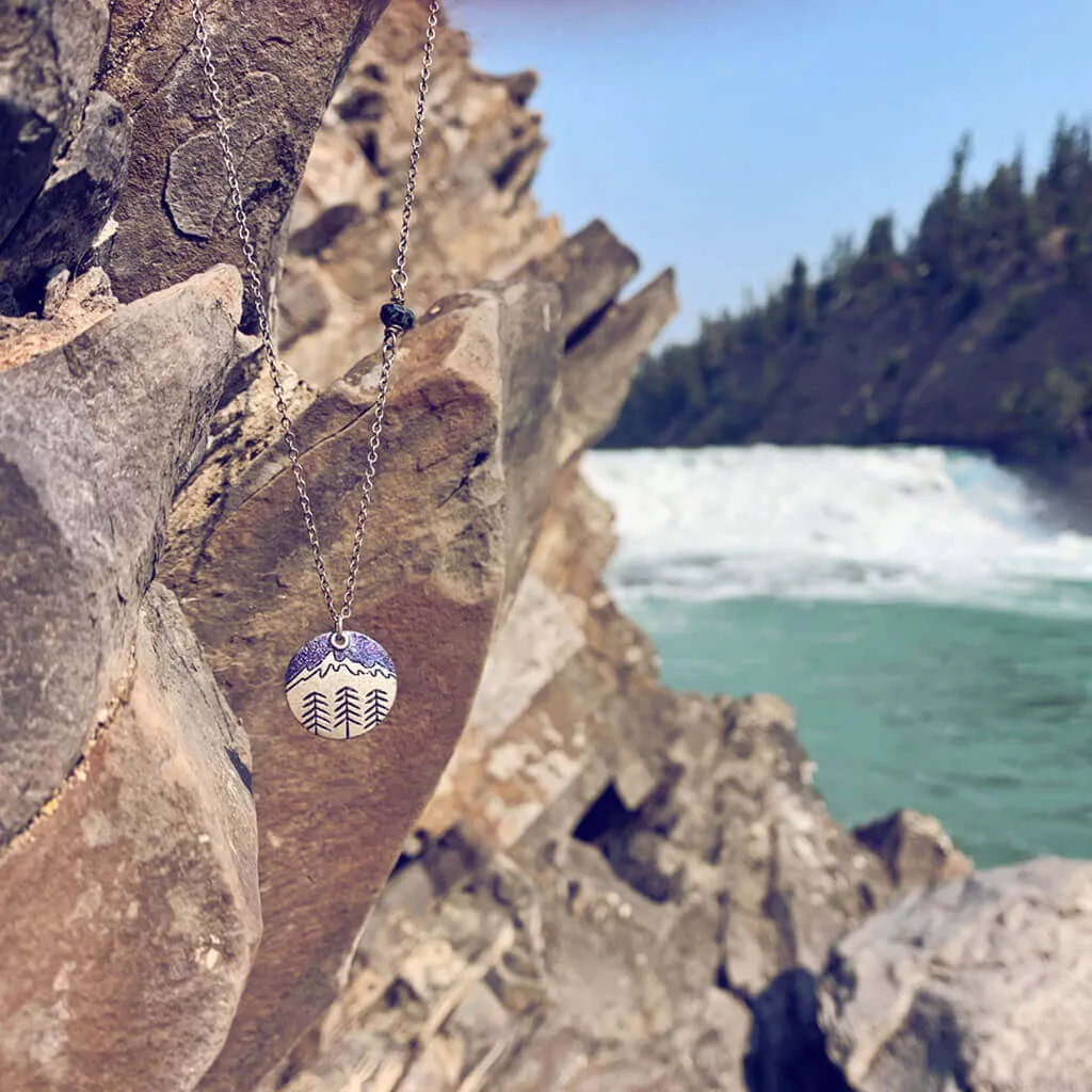 banff mountain love // handpainted mountain & trees silver charm necklace