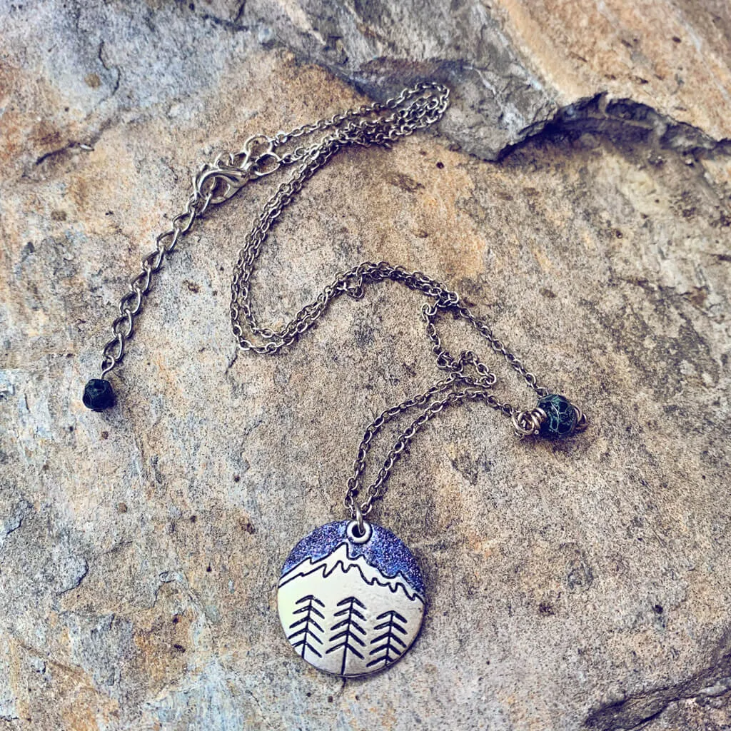 banff mountain love // handpainted mountain & trees silver charm necklace