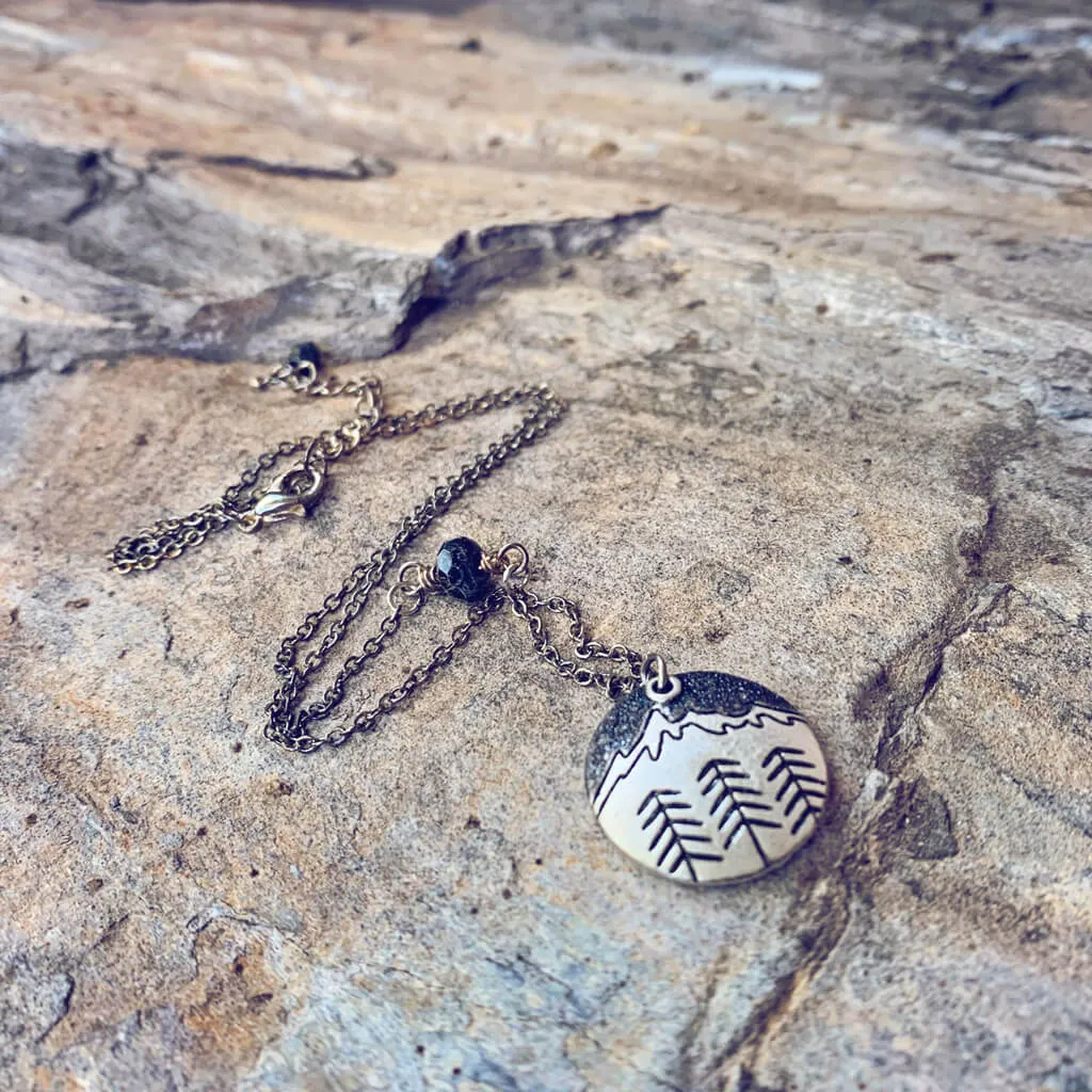 banff mountain love // handpainted mountain & trees silver charm necklace