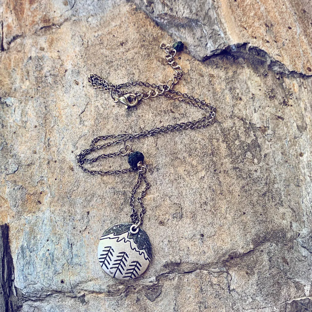 banff mountain love // handpainted mountain & trees silver charm necklace