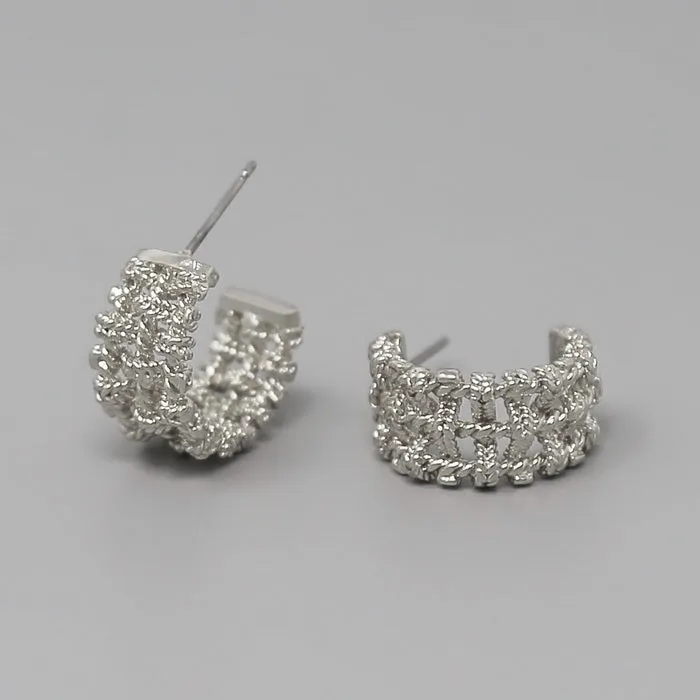 Basket Weave Textured Metal Hoop  Earrings