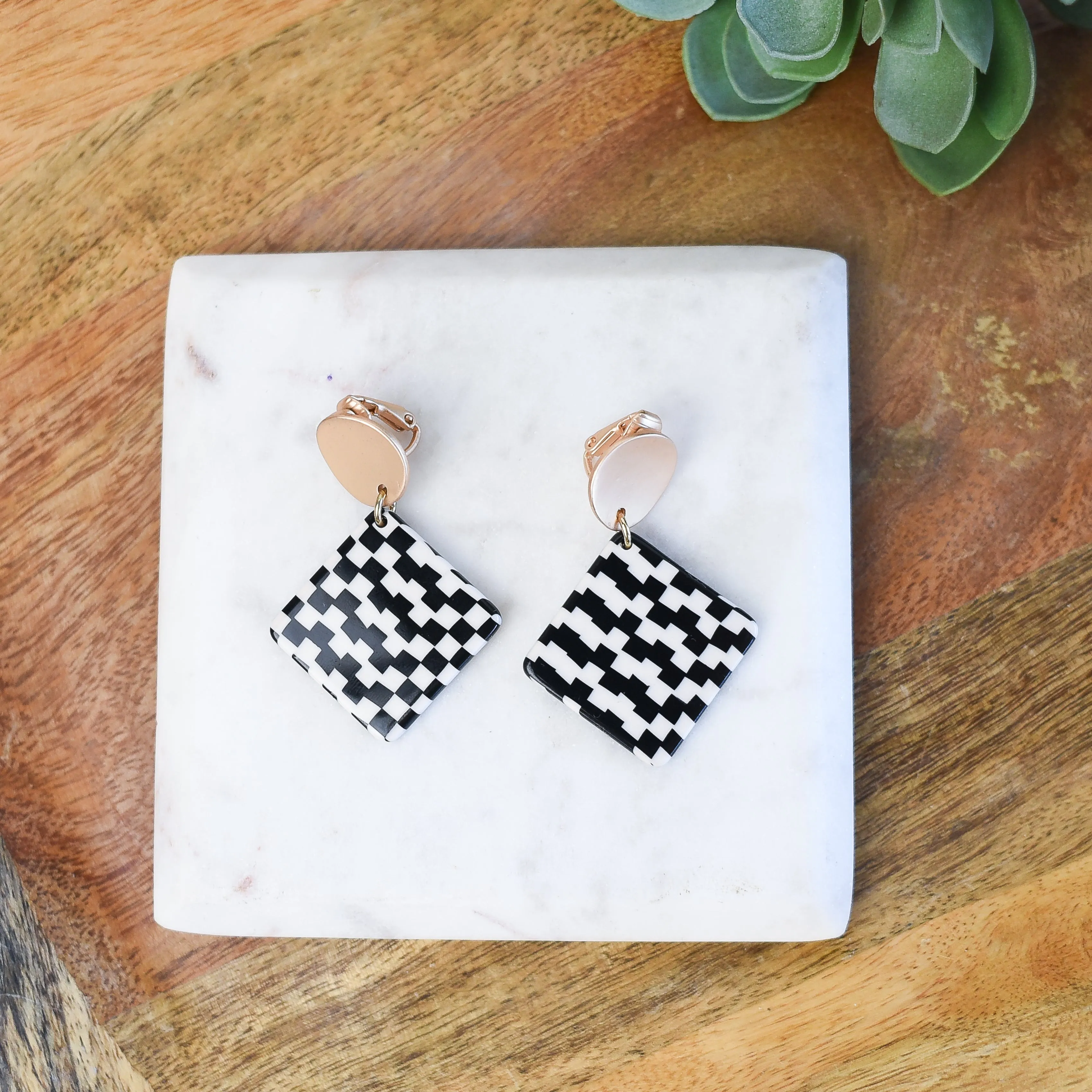 Becca Black and White Check Clip-On Dangle Earrings