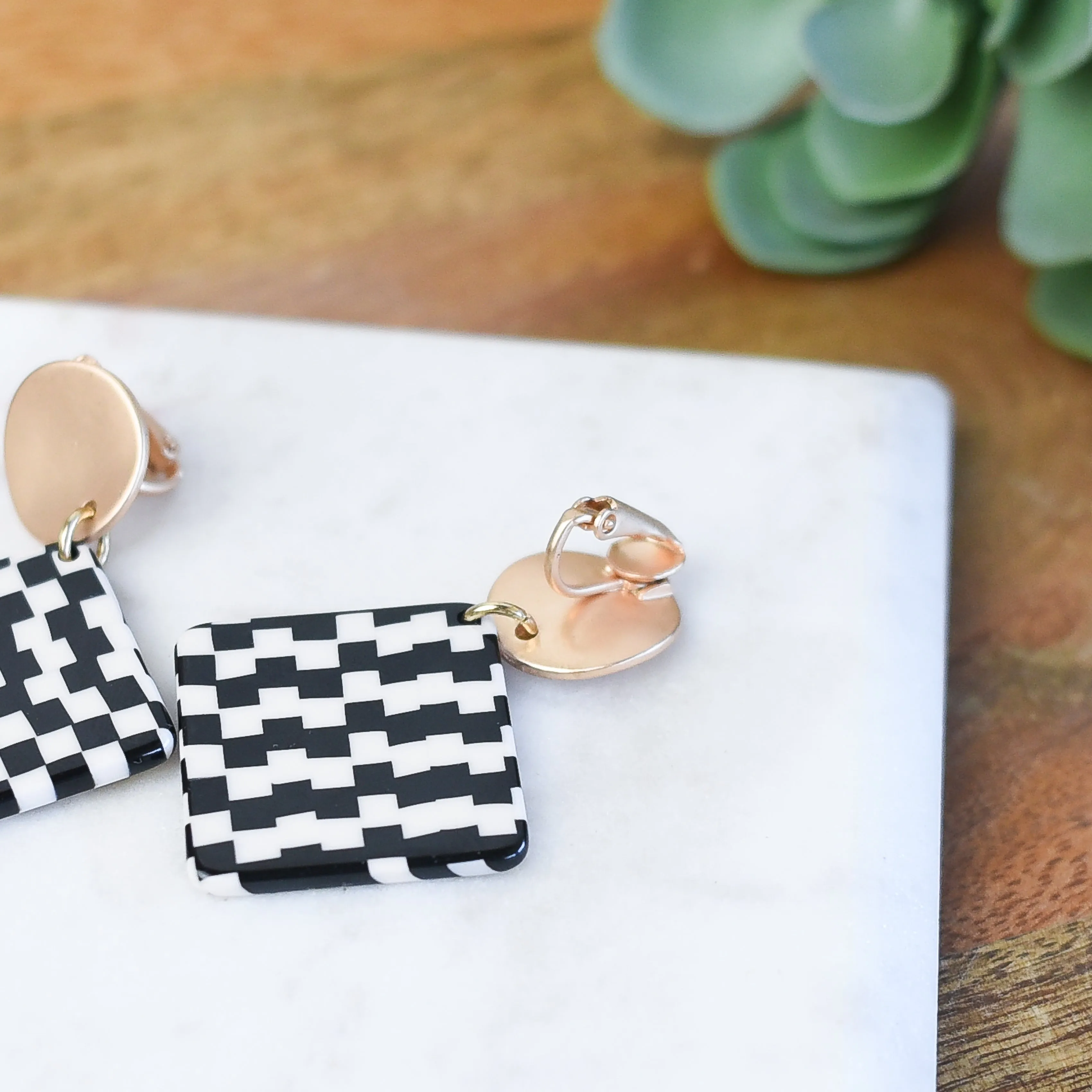 Becca Black and White Check Clip-On Dangle Earrings