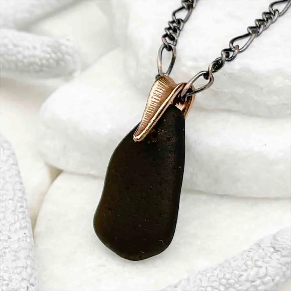 Black Amber Sea Glass Pendant with Copper Bail | #5121