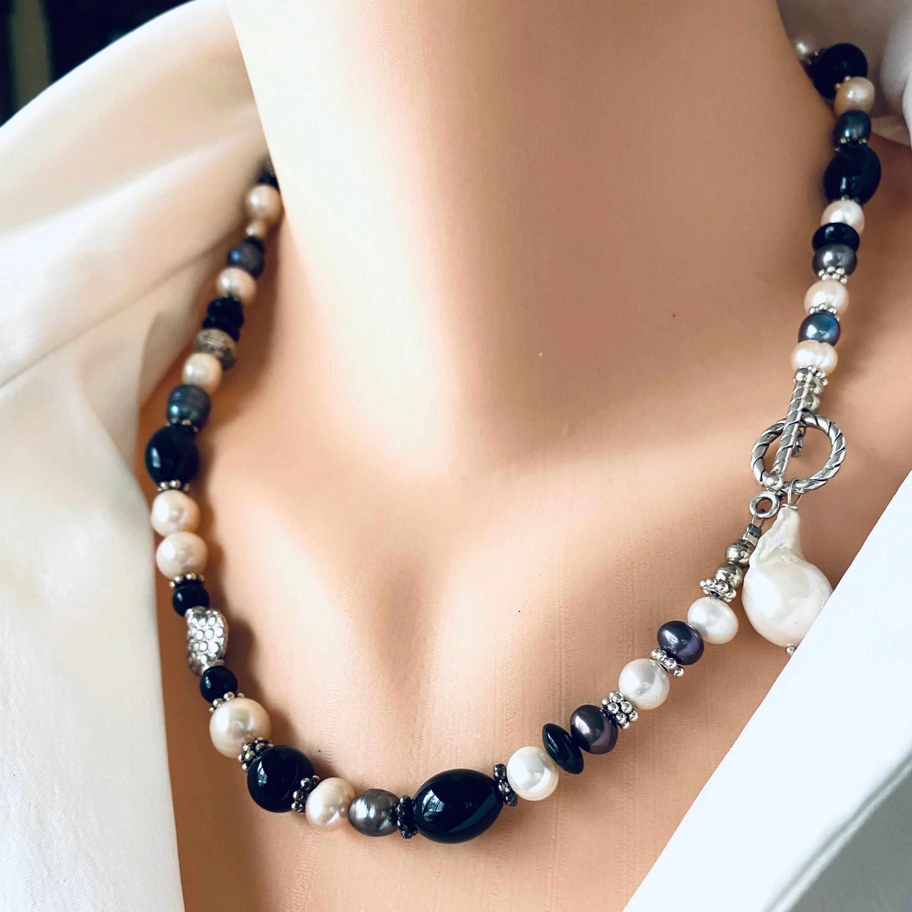 Black Onyx w Black & White Pearls Toggle Necklace, Sterling Silver, 20.5in