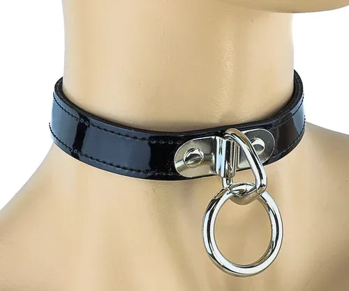 Black Patent Leather Collar w/ Silver O Ring Detail