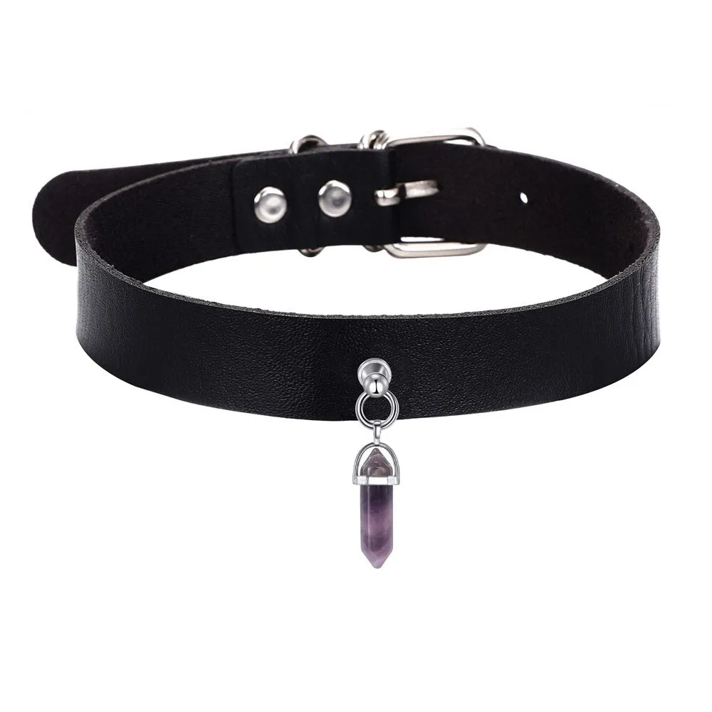 Black Vegan Leather Collar w/ Single Purple Crystal