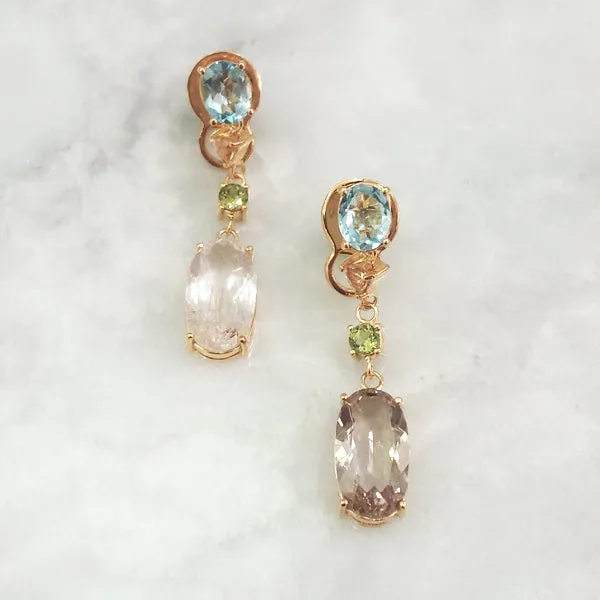 Blue Topaz Studs with Citrine, Peridot & Rutilated Quartz dangle Twinset Earrings