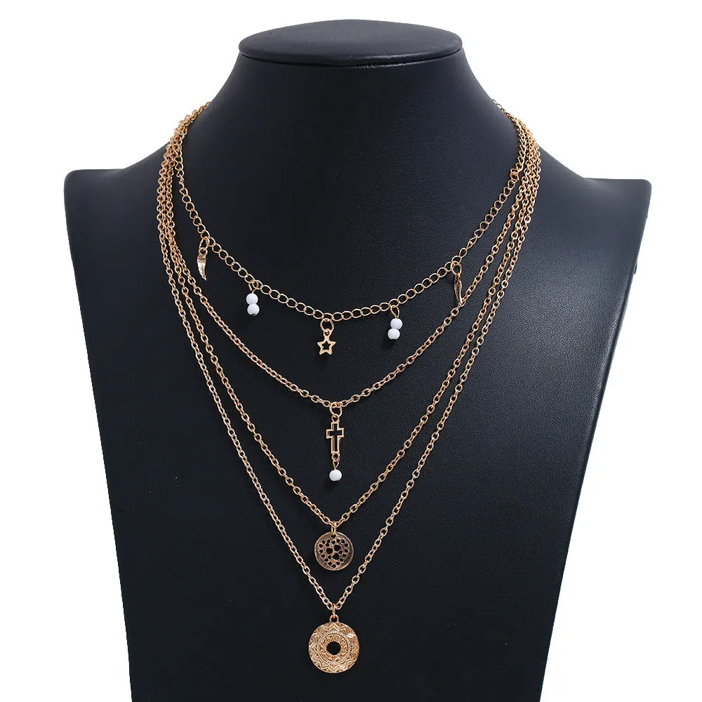 Bohemian Cross Pendant Necklace with Layers and Versatile Style