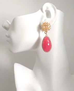 Branch Coral Stud with Haloed Salmon Pink Jade Long Drop Earrings