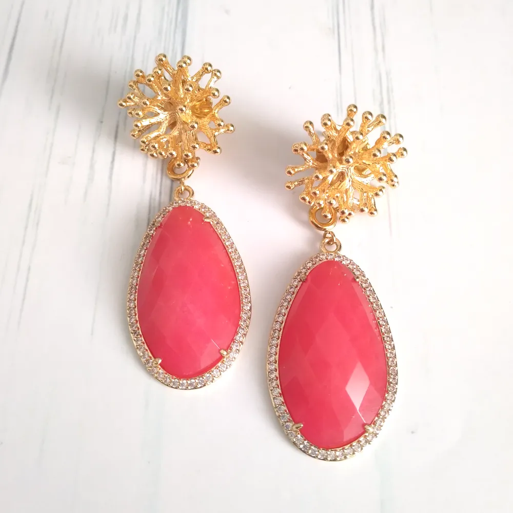 Branch Coral Stud with Haloed Salmon Pink Jade Long Drop Earrings