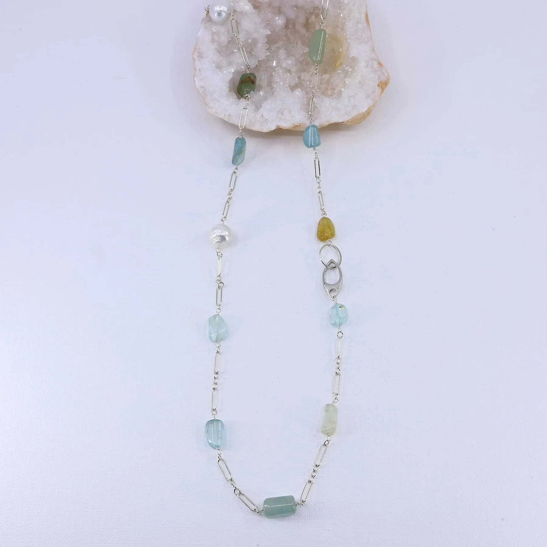 Carmel - Aquamarine and Pearl Sterling Silver Necklace